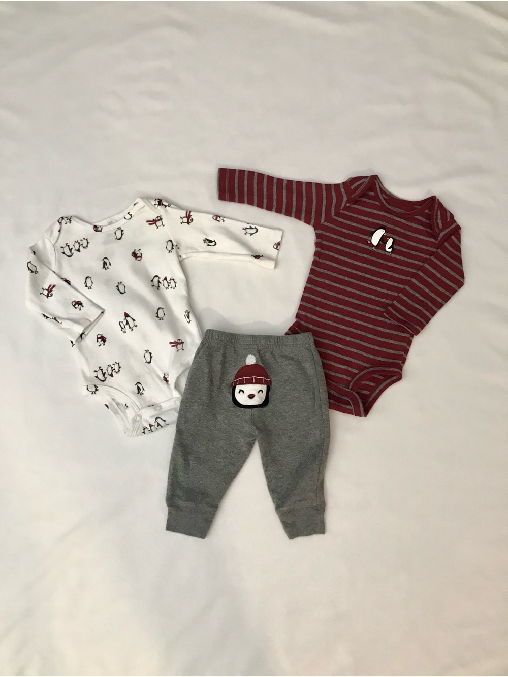 Kids Long-Sleeve Penguin Print One-Piece and Pant Set - White, Red, Gray